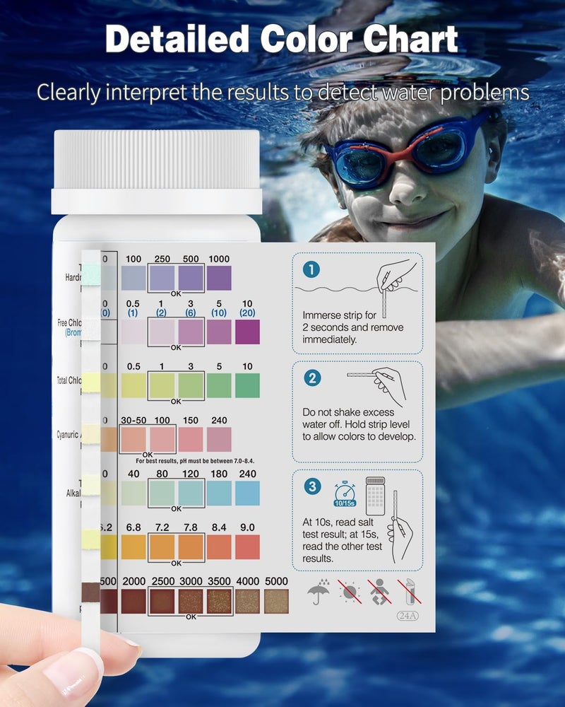 Pawfly 8 in 1 Pool Test Strips, 150 Pool Spa and Hot Tub Test Strips, Quick Accurate Strips, Pool Water Testing Kit for pH Free Chlorine Total Chlorine Hardness Bromine Cyanuric Acid Alkalinity & Salt - Image 4